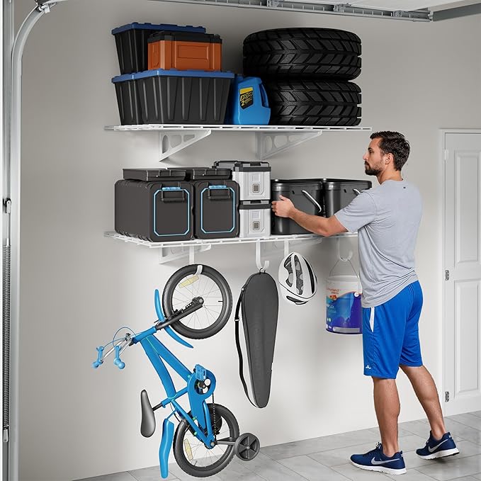 LEXIMOUNTS 2-Pack 2x4ft Garage Shelving with Hooks, 24-inch-by-48-inch Wall Shelf Garage Storage Racks Floating Shelves, White, Classic Series