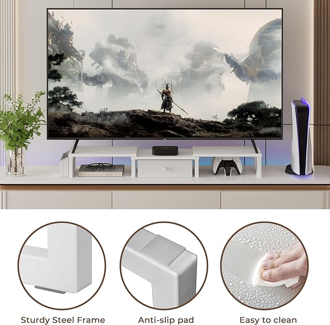 LAND·VOI Heavy Duty Dual Monitor Stand, Holds 2 Screens Up to 27 Inches, Adjustable Length and Angle Monitor Riser, Desk Organizer with Side Pockets and Drawers, Home Office Desk Storage, White