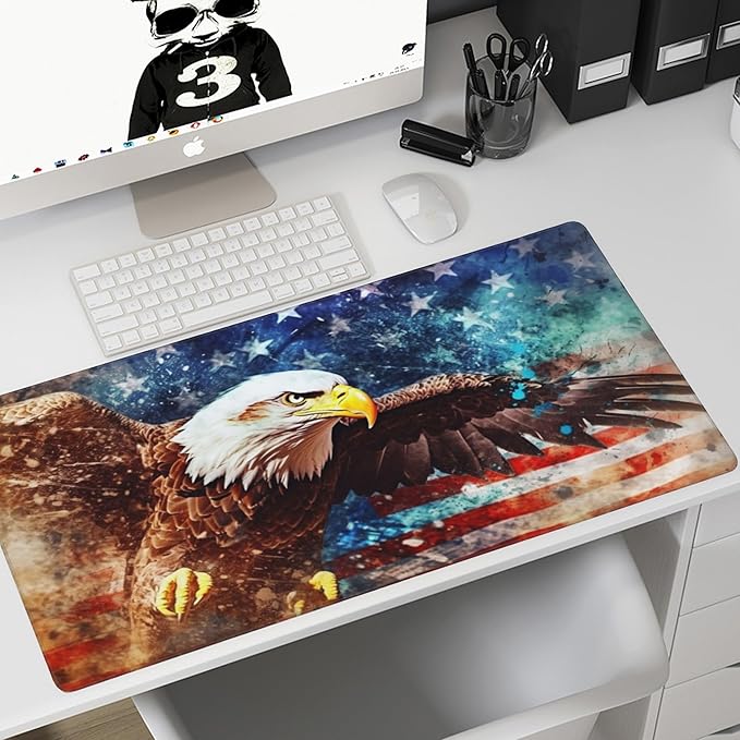 Gaming Mouse Mat Watercolor Bald Eagle Over American Flag Large Mouse Pad Extended Mouse Pad Desk Mat Non-Slip Rubber Base Mice Pad Desk Pad for Office Game Home 35.4x15.75 in