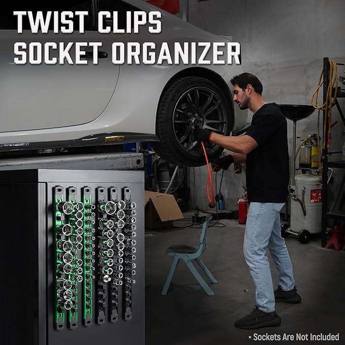 ALOANES 6-Piece Magnetic Socket Organizer, Heavy Duty Aluminum Socket Rails Organizer, 360° Swivel Clips Socket Holder Kit for Tool Box, 1/2, 3/8, 1/4-Inch Socket Holder x 80 Clips (Green&Blue)