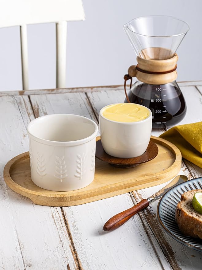 Butter Crock, Ceramic Butter Dish with Lid for Countertop, French Butter Keeper, Elegant Embossed Pattern, White