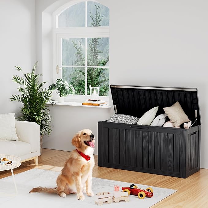 80 Gallon Deck Box, Resin Outdoor Indoor Waterproof Storage Box, Lockable Storage Box With Handle for Patio Furniture - Garden Tools - Swimming Pool Tools UV-Resistant, Black