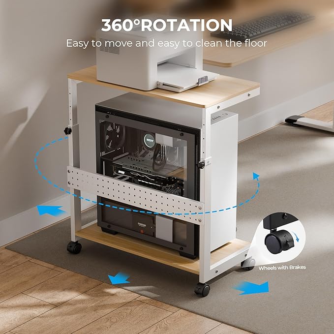 EUREKA ERGONOMIC PC Stand Computer Cart, Height Adjustable Tower Stand 2-Tier for ATX Case Printer, Rolling Cart on Wheels for Home Office Gaming