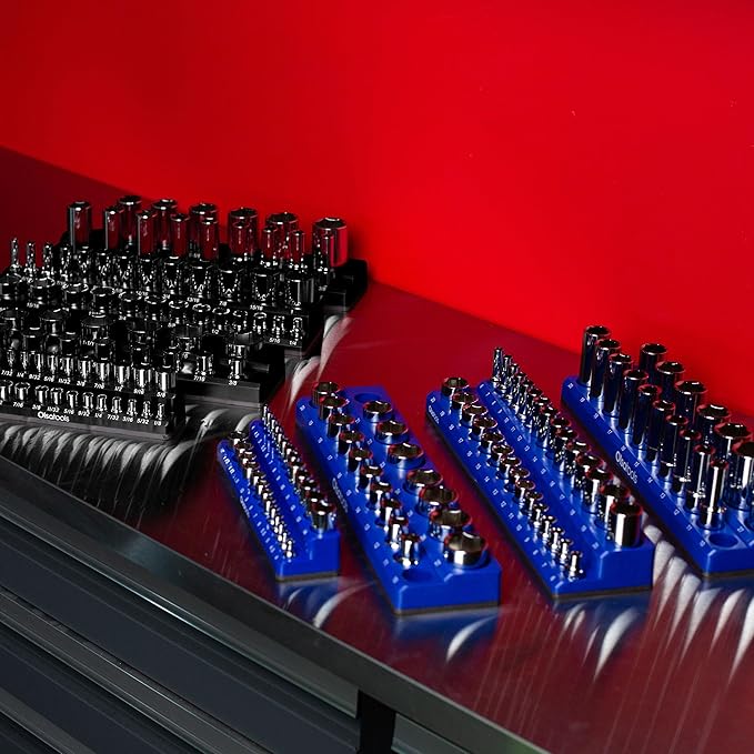 Olsa Tools Magnetic Socket Organizer | 3 Piece Socket Holder Kit | 1/2-Inch, 3/8-Inch, 1/4-Inch Drive | Metric Blue | Holds 75 Sockets | Professional-Grade