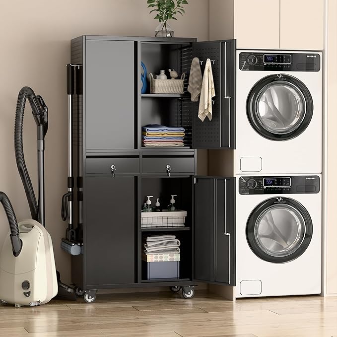 SUXXAN 71" Metal Garage Storage Cabinet with 8 Hooks and Pegboards,2 Drawer Rolling Tool Storage with Locking Doors and Adjustable Shelves,Heavy Duty Steel Tool Cabinet for Garage, Warehouse