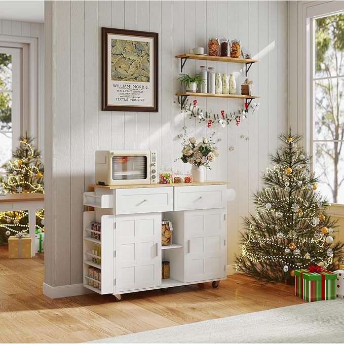 YOURLITE Kitchen Islands with Wheels, 45" Kitchen Island with Drop Leaf, Home Bar Table with Spice Rack & with Trash Cabinet, Rolling Island Table for Dining Room with Power Outlet, White