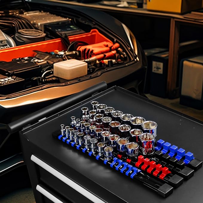 AMM 9-Piece Socket Organizer, 1/2 inch, 3/8 inch and 1/4 inch Drive ABS Tools-Black Socket Holder,Heavy Duty Socket Racks, Premium Quality Socket Clip Rail Holder,The best tool trays in the garage