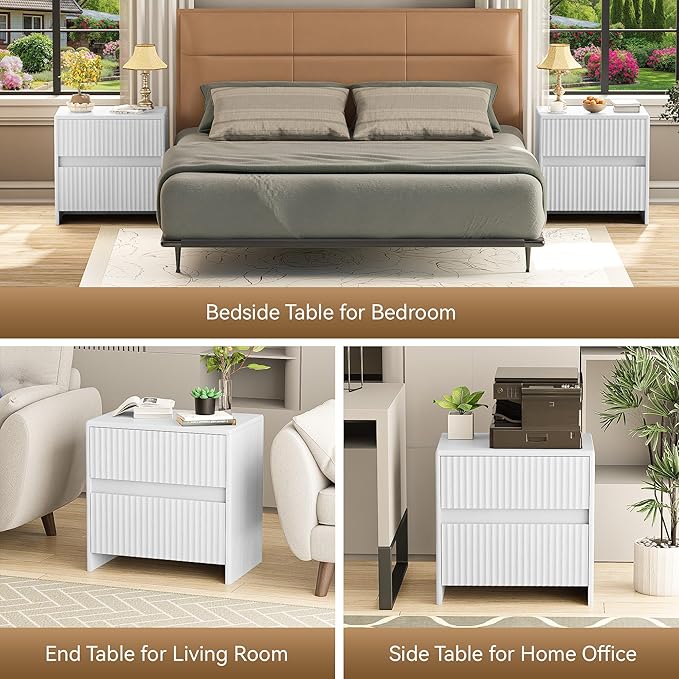 Fluted Nightstand, 23" Wood Bedside Table with 2 Storage Drawers, Modern Night Stand for Bedroom, Office, White