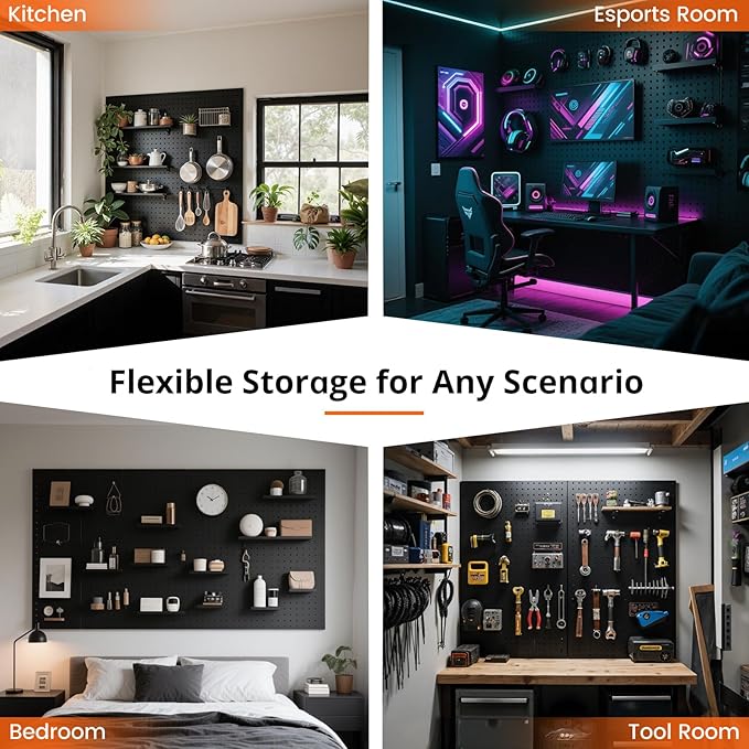 Pegboard, 3 PCS 24"×16" Metal Peg Board Panels Black Modular Wall Organizer Kit with 30 Hooks, Dual-Size Hole Design for Home Tool Storage, Garage Organization, Kitchen, Office, Craft Room