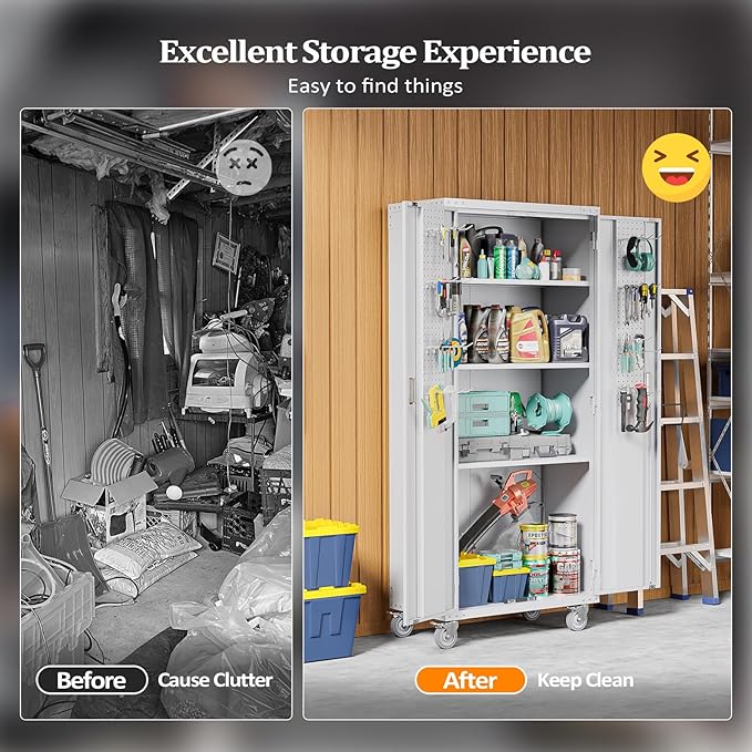 VINGLI 72'' Tall Garage Storage Cabinet, Metal Storage Cabinet with Pegboards, Wheels, Locking Doors and Adjustable Shelves (Gray, 32''W x 16''D x 72''H)