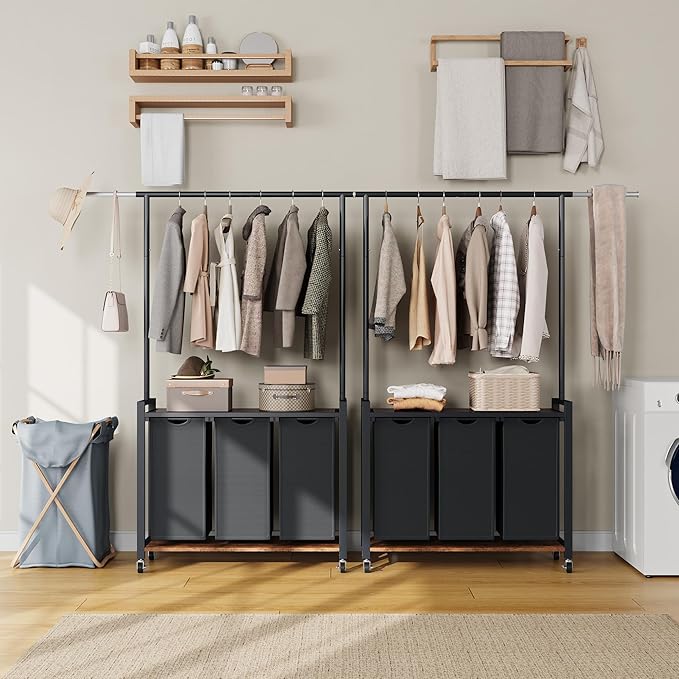 GarveeHome Rolling Laundry Cart with Hanging Rack & Utility Shelf | 3-Section Laundry Sorter Hamper with Lockable Wheels | Laundry Basket Organizer for Laundry Room, Bedroom, Bathroom | Black