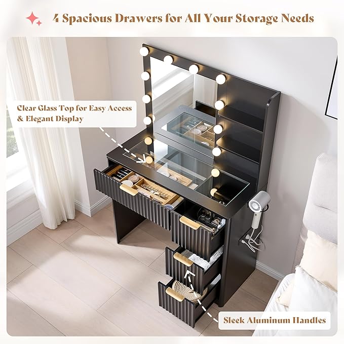 AMERLIFE 36.2" Fluted Vanity Desk with Mirror and Adjustable LED Lights, Large 4 Drawers Makeup Table with Glass Top and Charging Station for Women and Girls, Bedroom or Dorm, Black