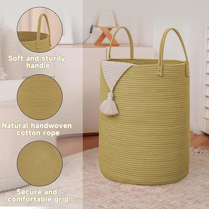 Large Woven Laundry Basket Hamper,80L Cotton Rope Storage Bin for Blankets,Toys and Clothes,Decorative Tall Nursery Hamper for Living Room,Baby Nursery,Bathroom and Bedroom,Jute