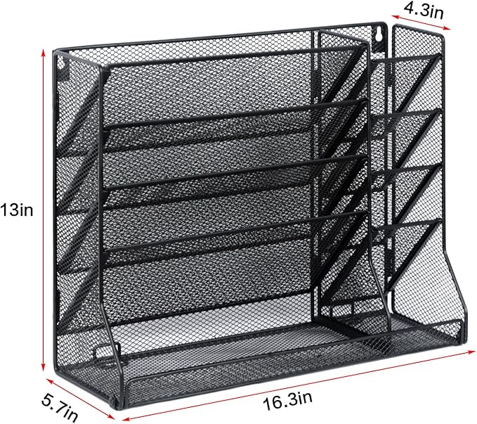 File Organizer Wall Mounted, 4 Tiers Durable Adjustable Metal Desk Organizer, Desktop Hanging File Holder with 4 Pen Slots Stable, 4 Pull-Out Divider for File, Mail, Black, Patent Pending
