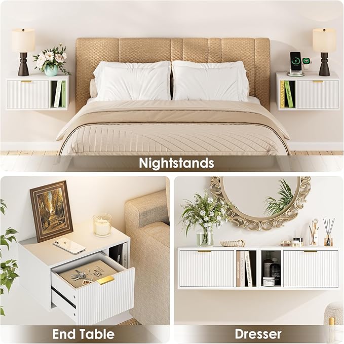 Masupu Floating Nightstand, Wall Mounted Floating Bedside Table with Storage Drawer and Open Shelf, Modern Bedroom Nightstand, 19.3" x 11.4" x 10", White