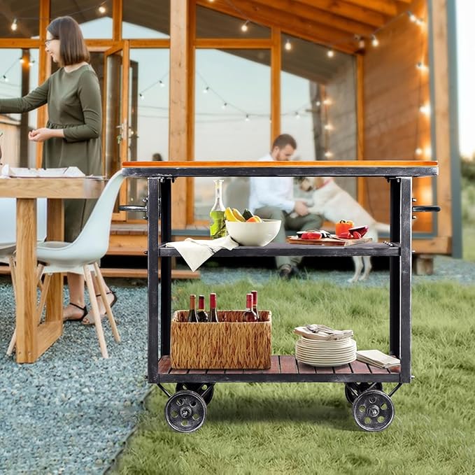 Vintage Rolling Bar Cart on Wheels Industrial Mobile Serving Cart Metal and Wood Design for Kitchen Bar Office Coffee House 36.2" Lx15.75 Wx30.5 H 3 Tier with 2 Side Handle