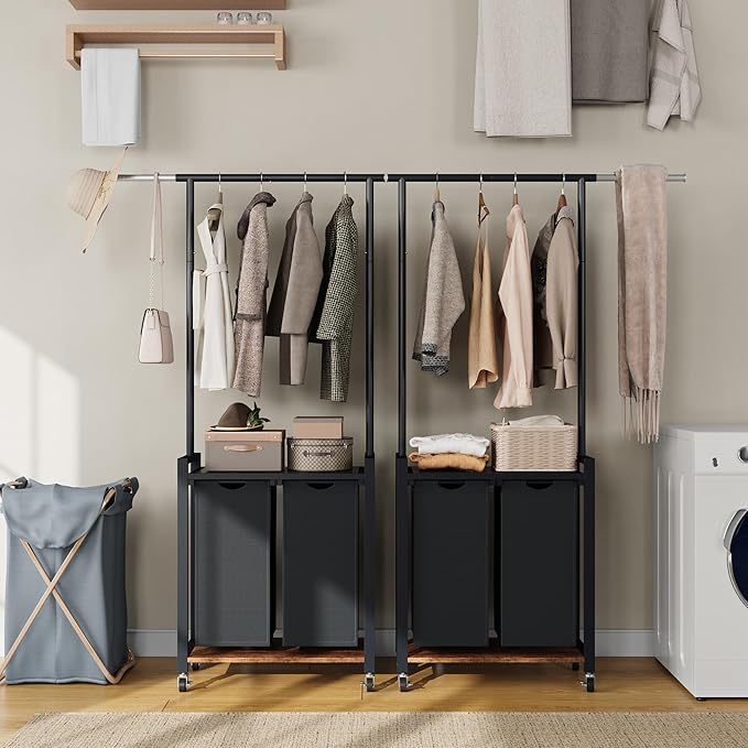 GarveeHome Rolling Laundry Cart with Hanging Rack & Utility Shelf | 2-Section Laundry Sorter Hamper with Lockable Wheels | Laundry Basket Organizer for Laundry Room, Bedroom, Bathroom | Black