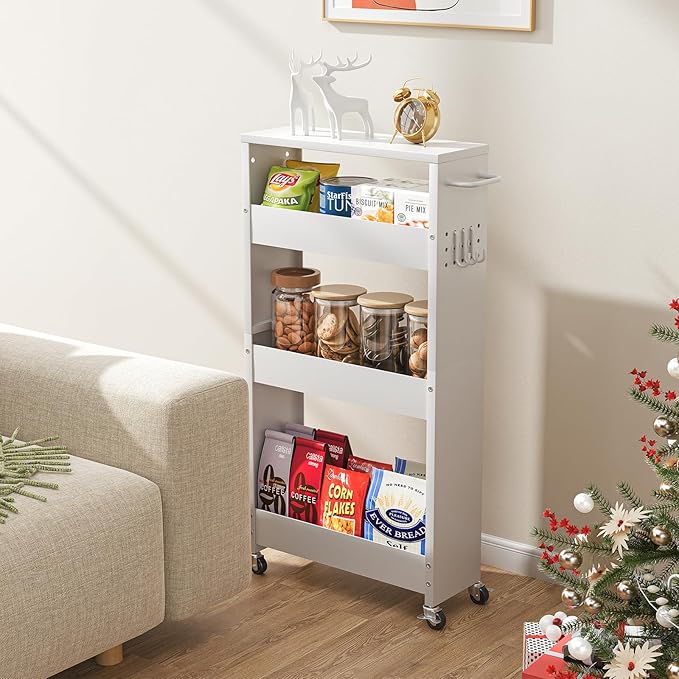 Slim Storage Cart, 4-Tier Kitchen Rolling Cart Narrow Storage Cabinet with Handle & Wheels, Metal Rolling Shelf Unit for Kitchen Bathroom Laundry Small Places (5.9IN White/White)