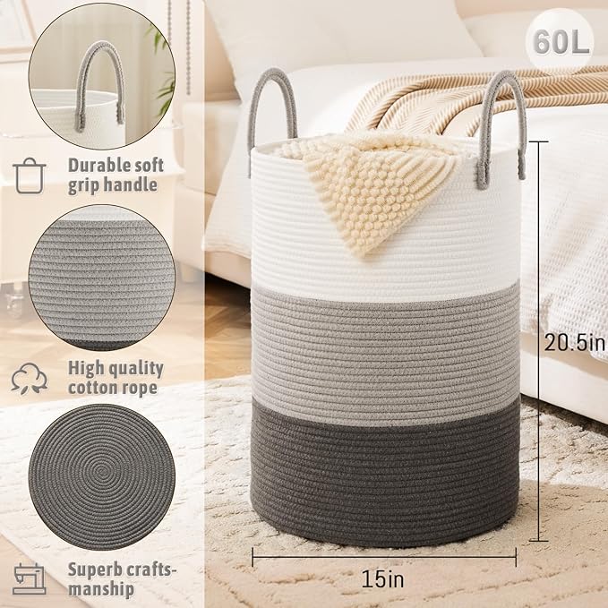 Laundry Basket,Woven Cotton Rope Laundry Hamper,60L for Decorative Storage of Dirty Clothes,Toys and Blankets in Bathroom,Bedroom and Living Room