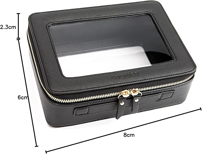 Aveniee Clear Makeup Bag Organizer, Portable Travel Toiletry Cosmetic Bag Case for Women, Heavy Duty Clear Pouch with zipper with Transparent Vinyl Windows & Gold Zippers(Black)
