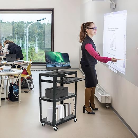 YITAHOME AV Cart on Wheels, 3-Shelf Metal Presentation Utility Cart with Keyboard Tray and Power 16.4ft Extra-Long Cord, Rolling Storage Cart with Adjustable Shelves for Offices, Warehouses, Black