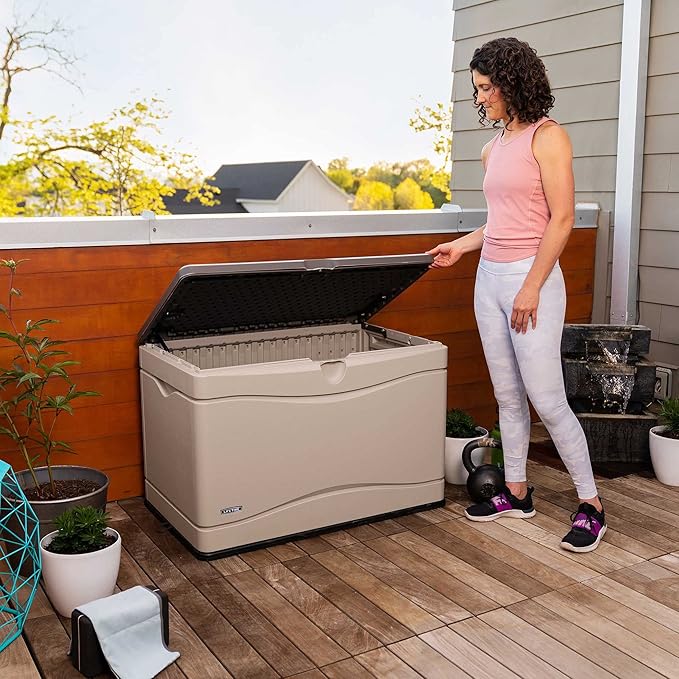 LIFETIME 60103 Deck Storage Box, 80 Gallon, Desert Sand/Brown