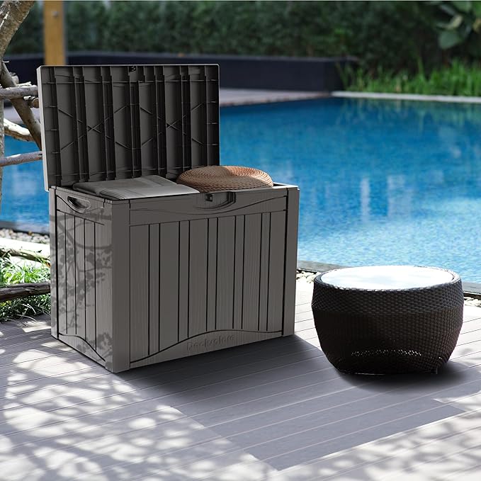45 Gallon Deck Box, Resin Outdoor Indoor Waterproof Storage Box, Lockable Storage Box With Handle for Patio Furniture - Garden Tools - Swimming Pool Tools UV-Resistant, Grey