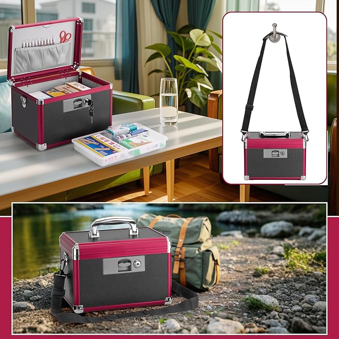 Medicine Lock Box for Safe Medication - 11.2 x 7.6 x 7.6 Inches - Lockable Storage Box for Drugs, First Aid Kit Empty, Lock Boxes with Key for Home/Outdoor (Black & Red/Medium)