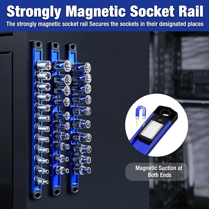 WORKPRO Magnetic Socket Organizer Set, 3-Piece Aluminum Alloy Socket Rail, Heavy Duty Socket Holder, Socket Rack Kit 1/4-Inch x 12 Clips, 3/8-Inch x 10 Clips, 1/2-Inch x 10 Clips (Blue)