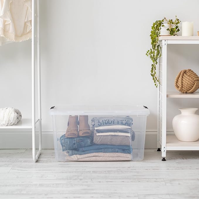 IRIS USA 72 QT Plastic Storage Box with Lid and Latches - 4 Pack - BPA-Free, See-Through Organizing Solution, Durable Nestable Stackable Containers, Secure Pull Handle - Clear