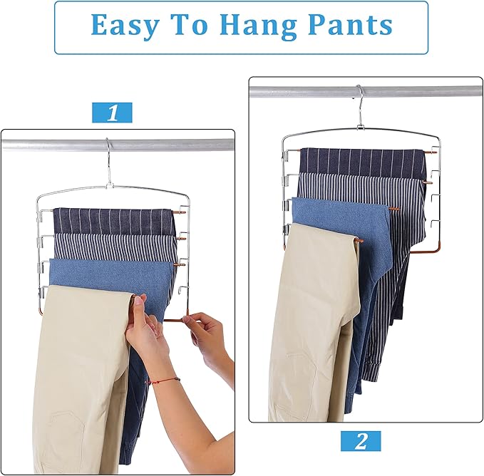FeeraHozer Pants Hangers Non Slip 3 Pack Space Saving Hangers Multi-Layer Swing Arm Stainless Steel Space Saver Rack for Jeans Scarf Trouser Clothes (Gold)