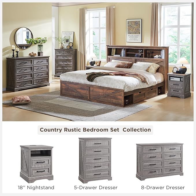 ACCOHOHO 18" Farmhouse Nightstand with Charging Station,End Table with 2 Drawers Storage,Side Table,Bedside Cabinet for Bedroom,Living Room,Grey