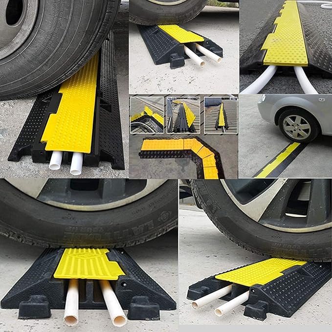 Reliancer 3 Pack Dual Channel Rubber Cable Protector Ramp 2 Channel Traffic Speed Bump 11000lbs Capacity Heavy Duty Driveway Hose Cover Ramp Cord Track Protector Wires Concealer w/Flip-Open Top Cover