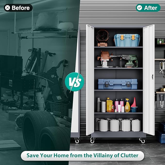 75" Tall Metal Storage Cabinet with Wheels,Rolling Garage Storage Cabinet with Lock,Gray White Metal Cabinets with Wheels and Shelves,Locking Tool Cabinets on Wheel for Garage,Home,Office,Shop