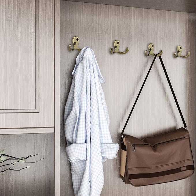 IBosins 16 Pack Heavy Duty Double Prong Coat Hooks Wall Mounted Antique Brass Wall Hook Rustic Utility Hooks for Coat, Scarf, Bag, Towel, Key, Cap, Cup, Hat