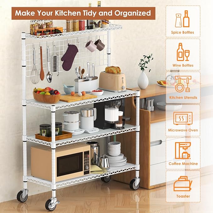 Leteuke Bakers Rack with Storage & Wheels, 42 Inch Microwave Stand Kitchen Shelves, 4-Tier Heavy Duty Microwave Cart Storage Rack with 20 S-Hooks, Metal Utility Kitchen Cart, 42× 18× 63 Inch, White