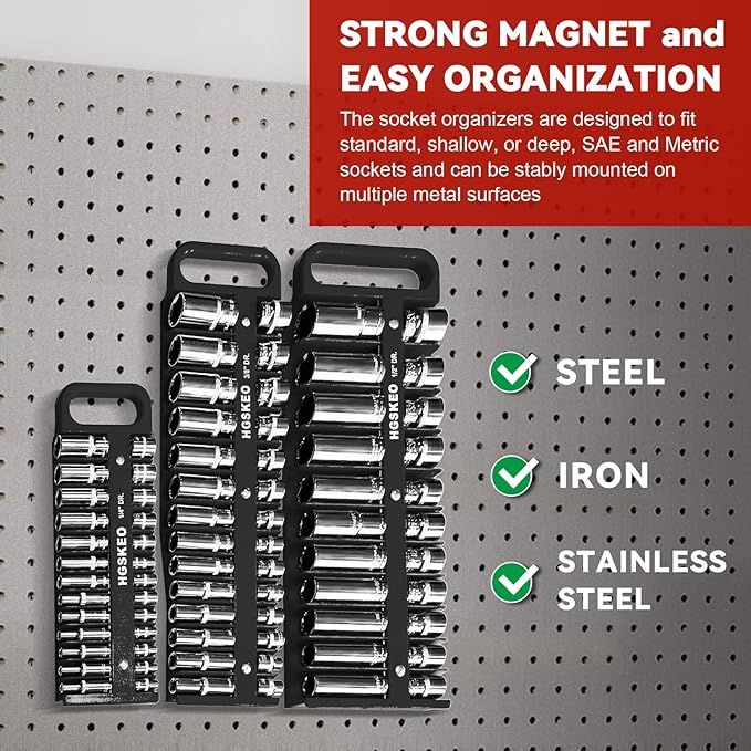 Magnetic Socket Holder Set with Handle, Portable Socket Organizer, Heavy Duty Socket Racks (Black, 1/4" Drive)