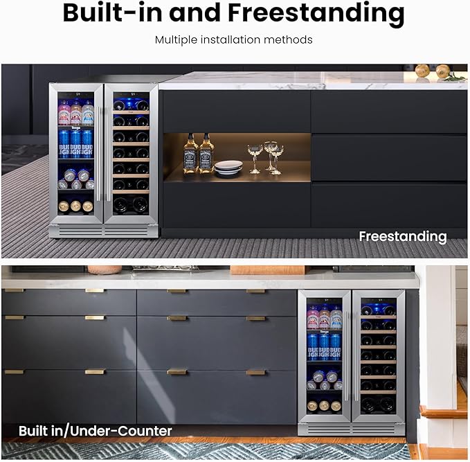 Yeego Wine and Beverage Refrigerator - 24 Inch Dual Zone Wine Fridge 60 Can & 20 Bottle, 36-72°F Cooler Built in Under Counter Fridge with Glass Door for Beer Soda Drink Home Bar Office