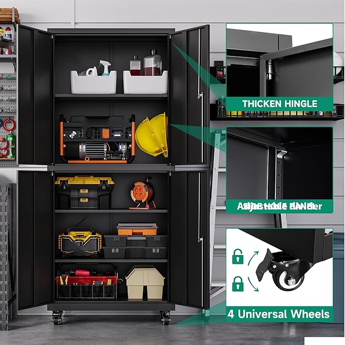 Letaya Metal Garage Storage Cabinet with Wheels,Steel Tool Rolling Cabinets with Lock Door and Adjustable Shelves fro Home Utility Organization Room(1PC-Black)