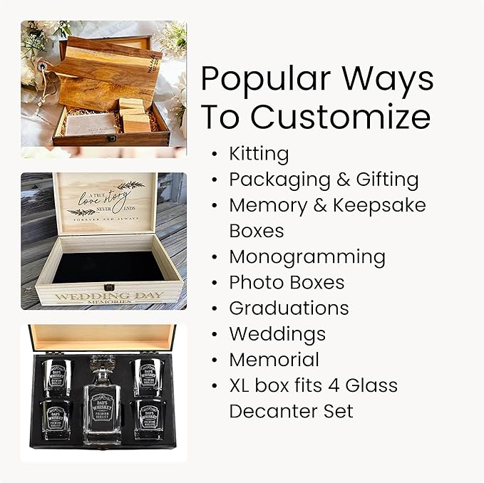 makerflo XL Natural Pine Wood Memory Box with Black Felt Inside, Hinged with Clasp, Keepsake Wooden Box Ideal for Craft and Personalization (Laser Engraving, Epoxy, UV DTF, and Vinyl) – Pack of 1