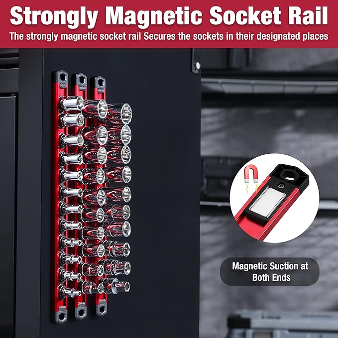 WORKPRO Magnetic Socket Organizer, 1/2-Inch Drive Aluminum Alloy Sockets Rail, Heavy Duty Sockets Holder, Socket Rack Kit 1/2-Inch x 10 Clips (Red)