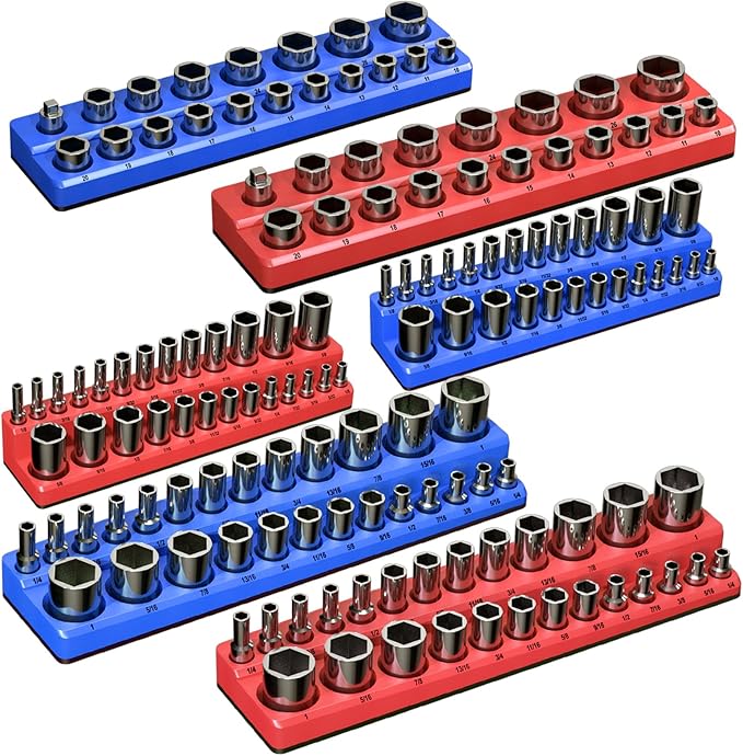 Magnetic Socket Organizer Set, 6-Piece Socket Holder Trays for 1/4" 3/8" 1/2" Drive, Holds up to 143 Sockets, Compatible with Metric and SAE Sizes (Blue & Red)