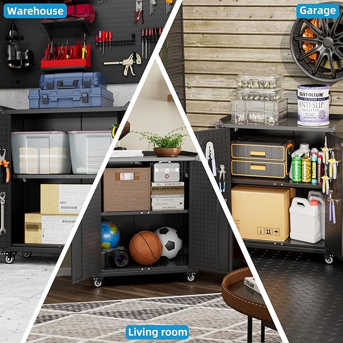 SUXXAN Metal Storage Cabinet with Wheels, Rolling Storage Cabinet with 2 Doors and Adjustable Shelves, Pegboard and 4 Hooks, Suitable for Garage, Home, Office, School, Black