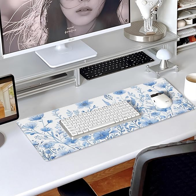 31.5”x11.8”Large Gaming Mouse Pad for Desk, Mouse Mat with Seamed Edges, Waterproof Desk Pad, Non-Slip Rubber Base, Keyboard Pad Computer Mat, Big XL Mousepad- Blue and White Flower