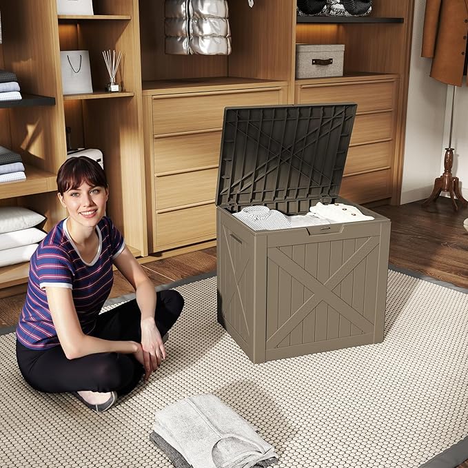 32 Gallon Outdoor Deck Box,Storage Lockable Waterproof Patio Furniture,Garden Tools,Cushions,Pool Accessories Outside Storage Resin Box(Grey)