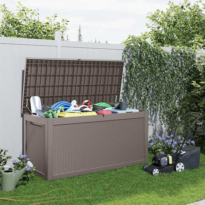 261 Gallon Outdoor Storage Box - Waterproof Patio Furniture, Garden Tools, Cushions, Pool Accessories Outside Storage Resin Box,Grey