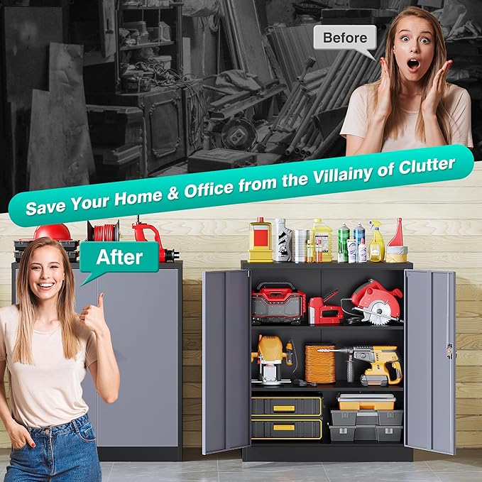 SISESOL Small Metal Cabinet with Shelves,36 inch Garage Storage Cabinet with Lock,Gray Metal Storage Cabinets with Locking Doors,Small Steel Lockable Cabinets for Home,Office,Shop,Garage