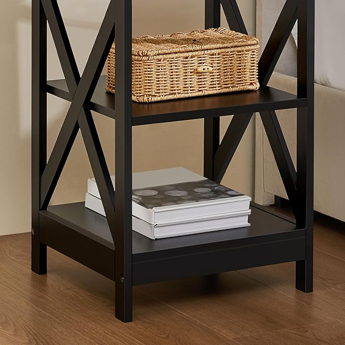 Yaheetech 3 Tier Sofa Side End Table with Shelf, X Shape Chair Side Coffee Snack Table for Living Room, Display Unit Organizer, Black