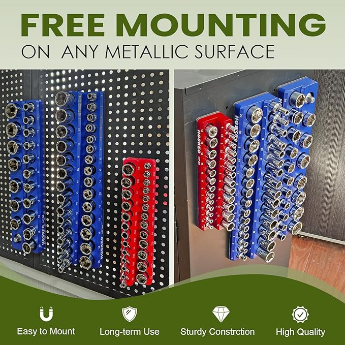 Magnetic Socket Organizer Set & Socket Clip Rail Holder, Totally 12Pcs Socket Tray Set for 1/4", 3/8", and 1/2" Sizes Drive, Premium Qualit Socket Organizer(Red & Blue, 12Pcs)