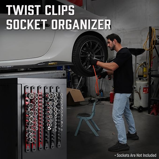 ALOANES Magnetic Socket Organizer 3/8-Inch Drive, Socket Rail Organizer Heavy Duty Aluminum, 360° Swivel Clips Socket Holder Kit, 3/8-Inch Socket Holder x 14 Clips (Red)